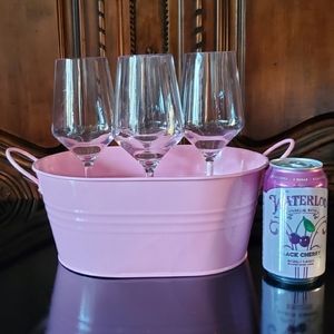 (5pc) 11oz🍷9 1/4" Clear Wine Glass & 1 Pink Metal 2 Handle Bucket
